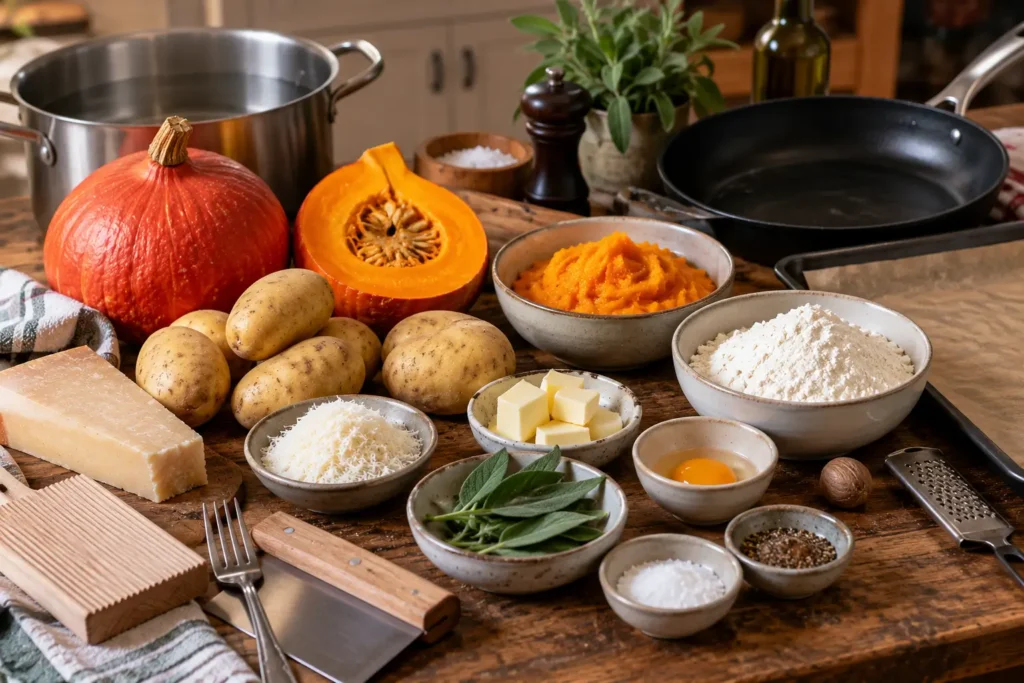 Tous les ingrédients et ustensiles pour préparer des gnocchis de potimarron maison au beurre de sauge : potimarron, pommes de terre, farine, parmesan, beurre, sauge fraîche, casserole et poêle.