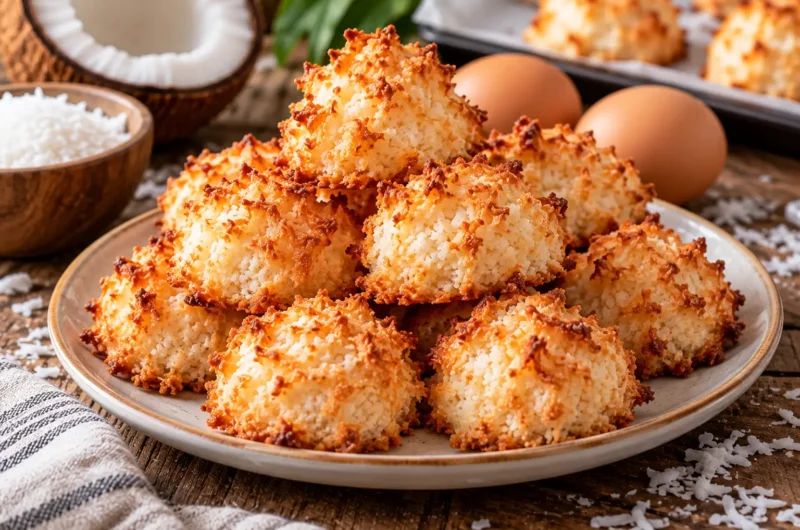 Rochers coco croustillants et dorés, disposés sur une assiette, avec de la noix de coco râpée