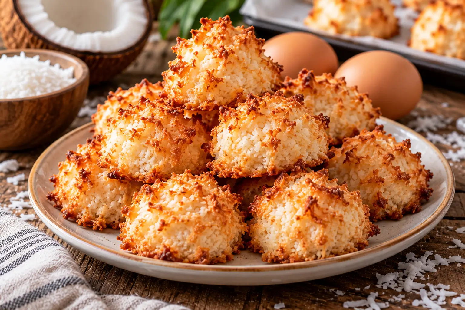 Rochers coco croustillants et dorés, disposés sur une assiette, avec de la noix de coco râpée