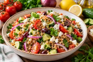 Salade de petit épeautre aux légumes frais, tomates, concombre, oignon rouge et persil, assaisonnée au citron