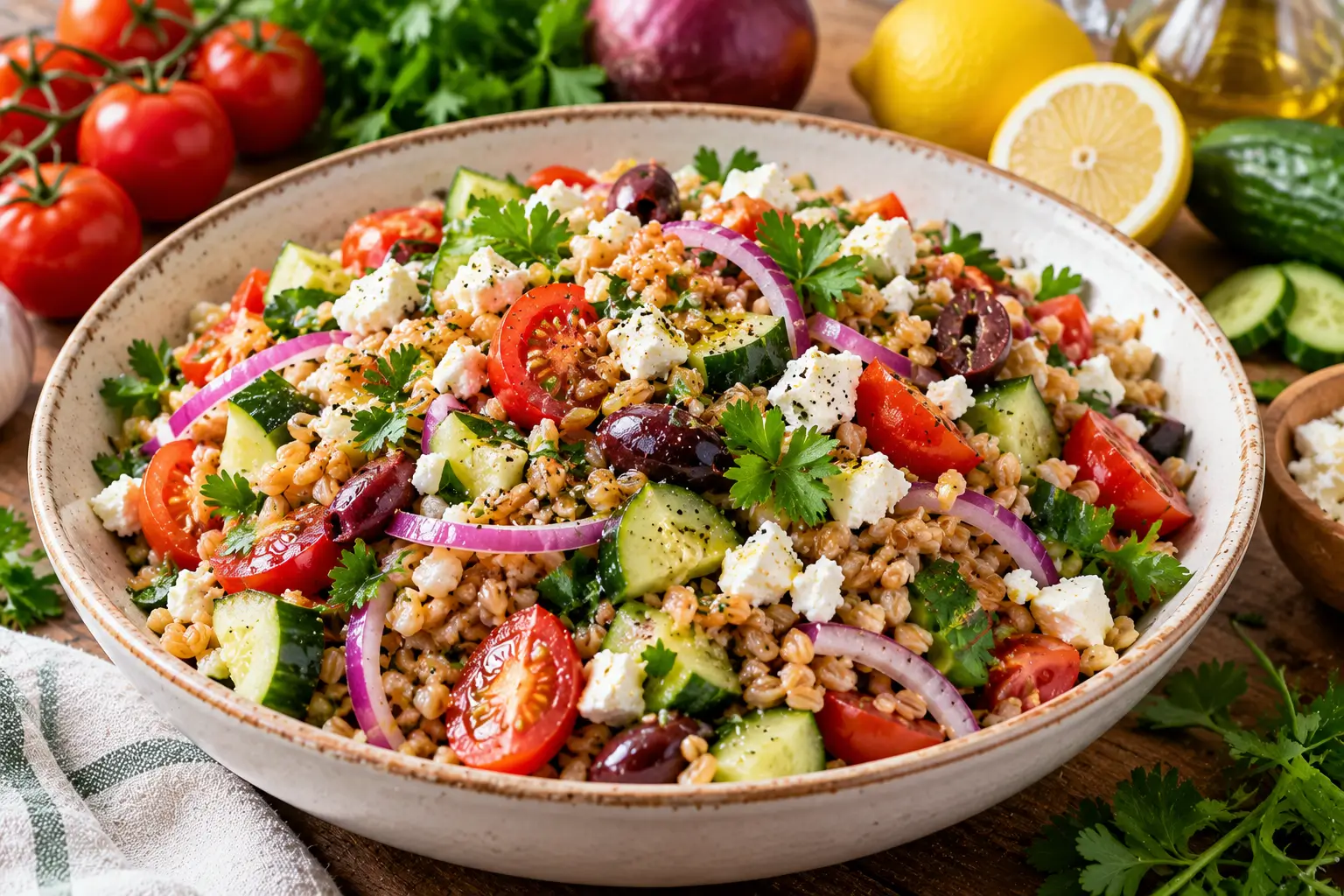 Salade de petit épeautre aux légumes frais, tomates, concombre, oignon rouge et persil, assaisonnée au citron